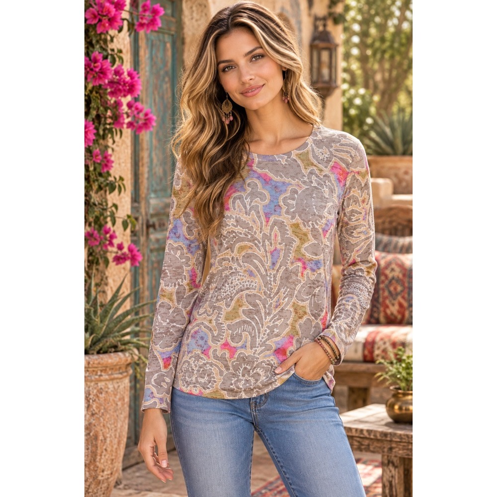 Sundance WHIMSY ROSE Taupe Floral Thermal Top Boho Bohemian Small Made in USA